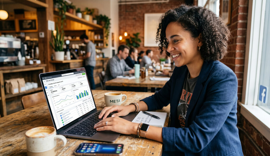 A photo of a business owner in a bustling café, managing a Facebook Advertising campaign on her laptop. The screen shows the complex Meta Ads Manager dashboard, with performance metrics and bar graphs. She is smiling as she views the data, with a Meta logo coffee mug and an open notebook at her hand. This captures the active strategy and creative work that the blog highlights as essential for Facebook ad success.