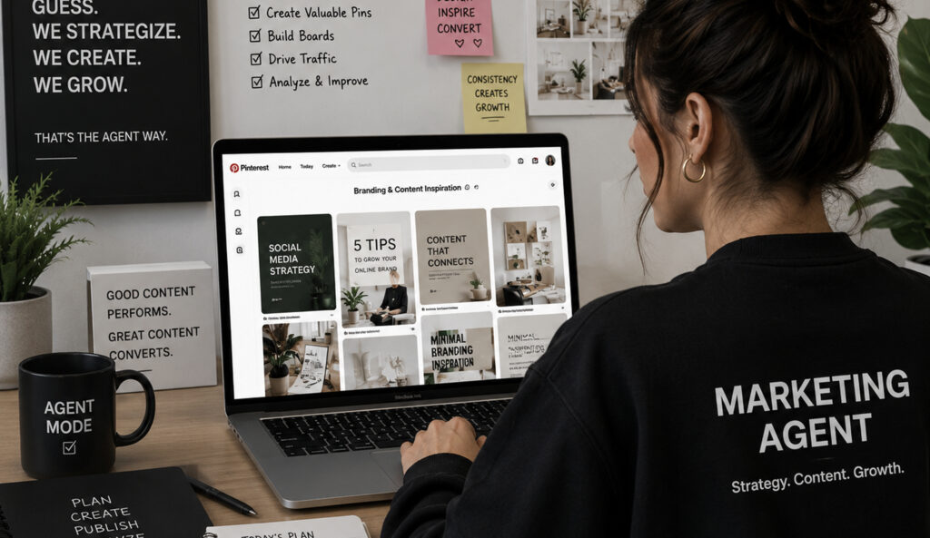 marketing agency professional managing Pinterest advertising campaigns on a laptop in a modern creative office, surrounded by branding notes, Pinterest strategy plans, and visual content inspiration focused on business growth, promoted pins, and social media marketing.