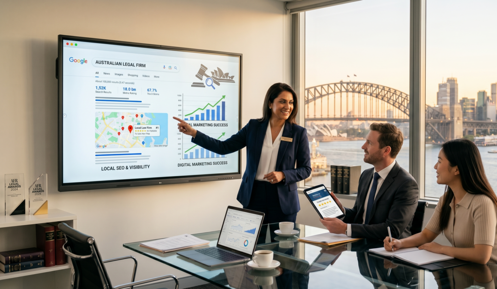 Australian Lawyers Collaborating on Digital Marketing Strategy in a Sydney Office