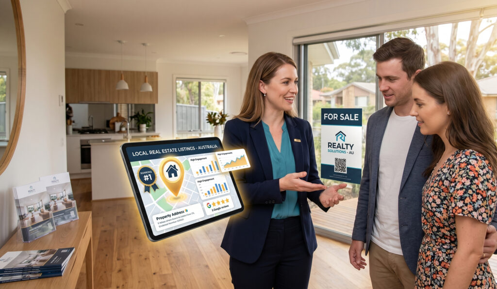 Australian real estate agent presenting high-performing local search engine optimization results on a tablet to a couple in an open-plan home, demonstrating effective digital property marketing strategies.
