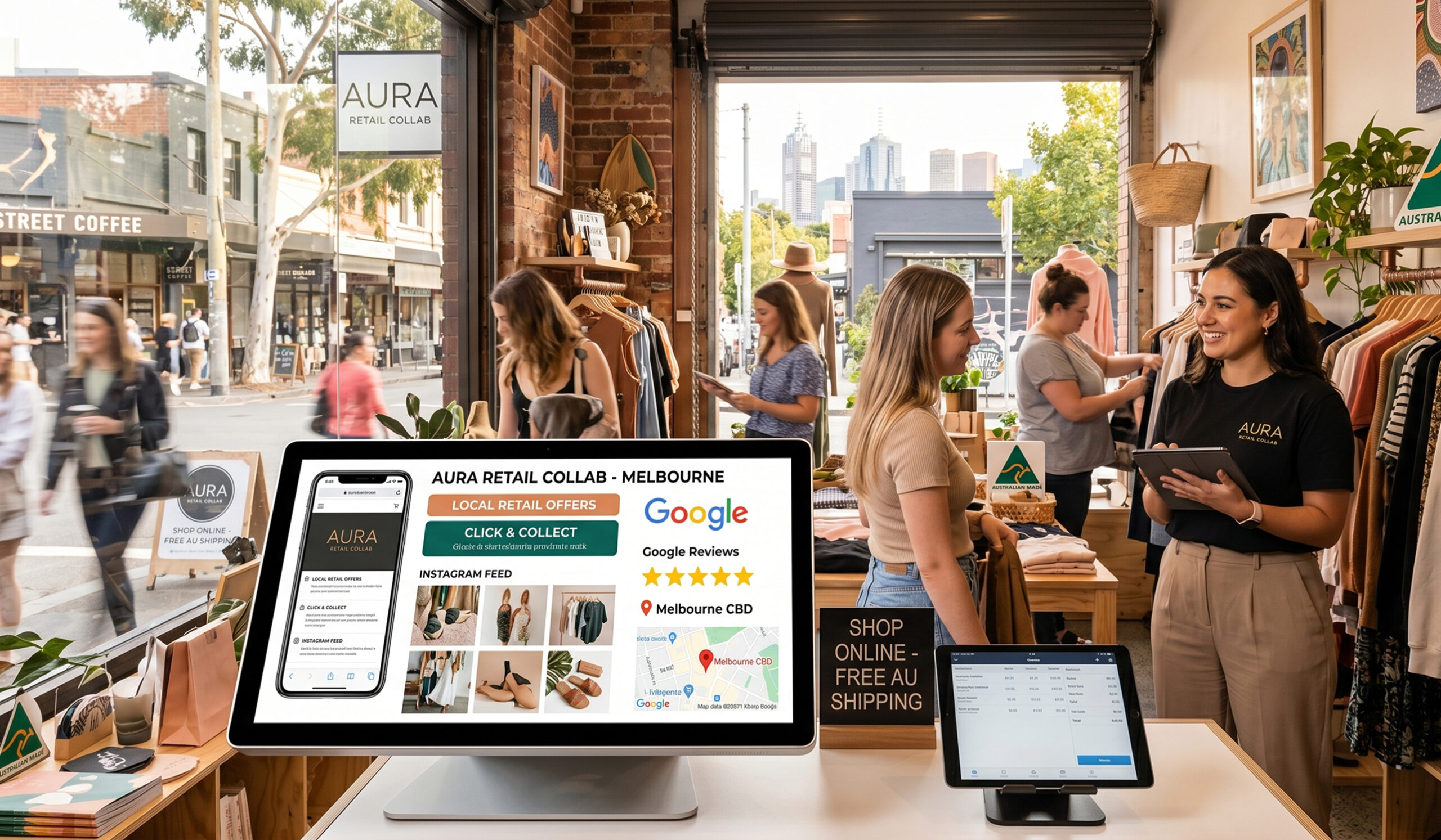 Modern Australian boutique shop using digital marketing screens for local SEO, social media, and click and collect services in Melbourne.